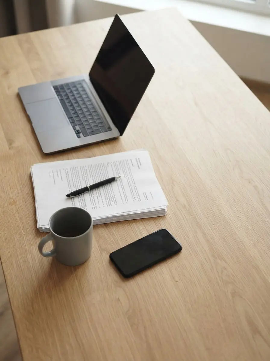 Notebook, documentos, caneca e celular sobre uma mesa de madeira