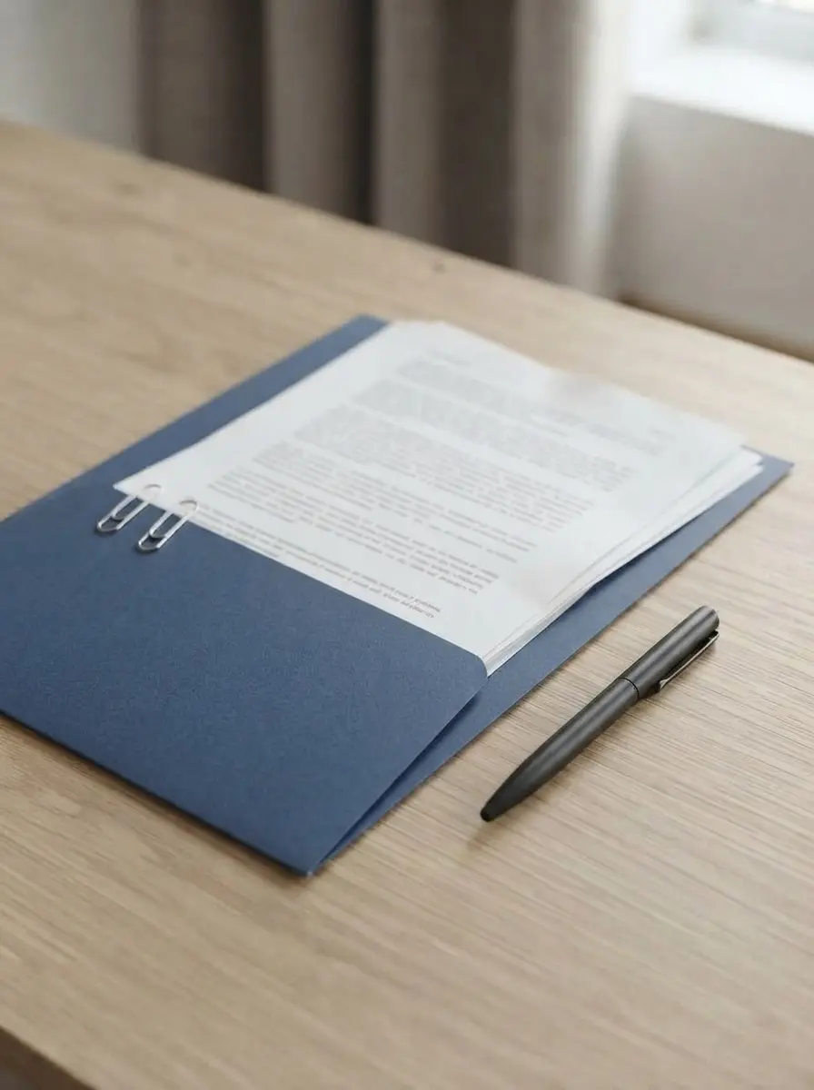 Pasta com documentos e caneta sobre uma mesa de madeira